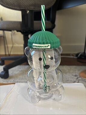 Starbucks Clear Bear Cup with Green Beanie Lid and Striped Straw